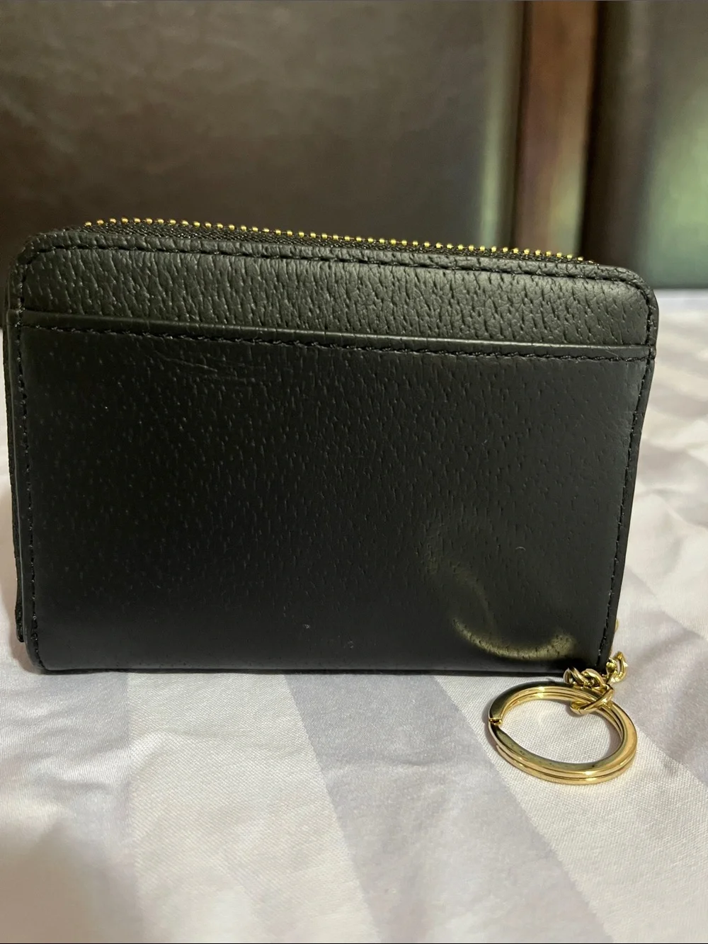 kate spade Black Leather Zip Card Holder with Gold Key Ring